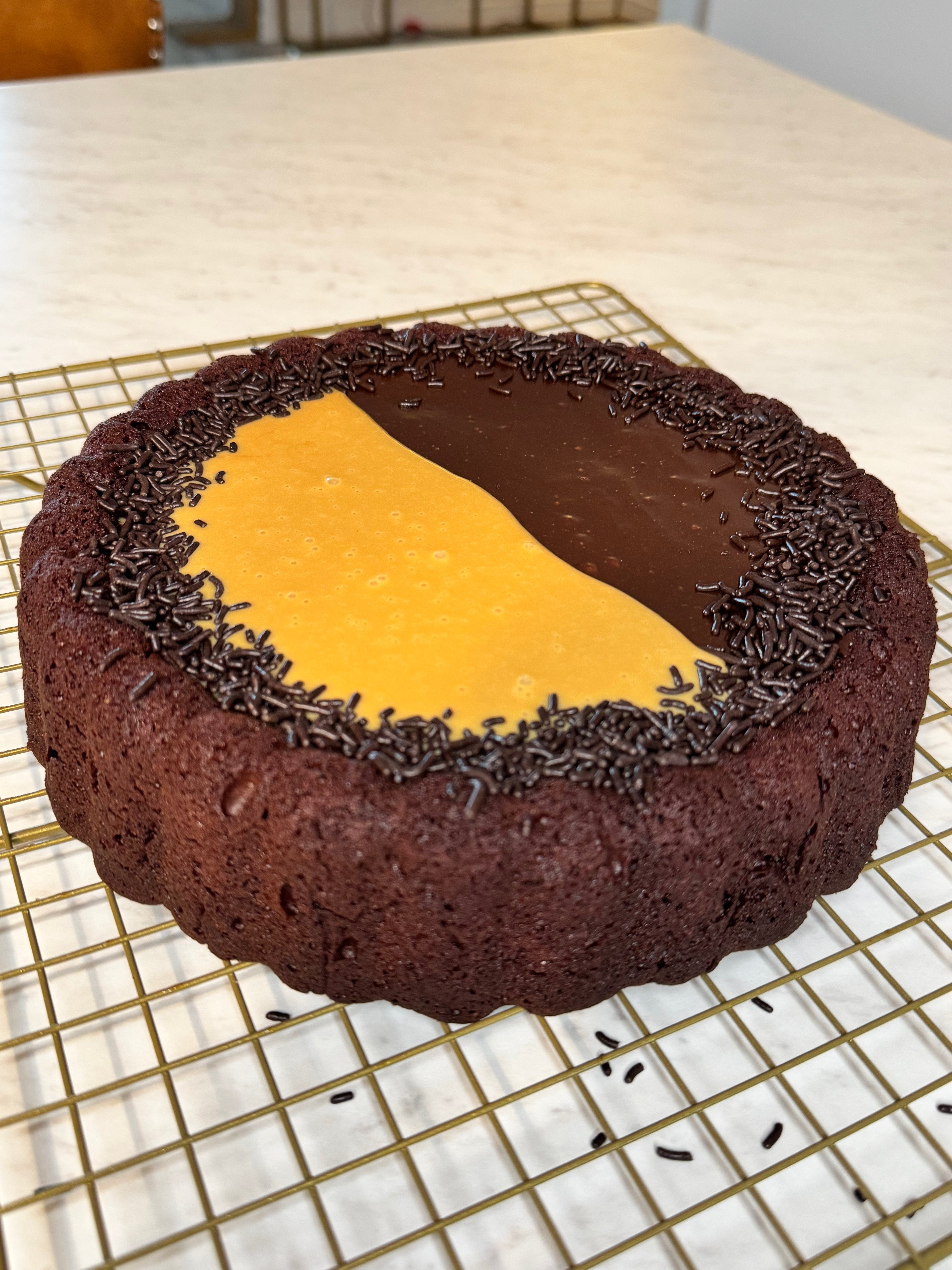 Spiced Honey Cake with Chocolate Brigadeiro Truffle and Dulce de Leche