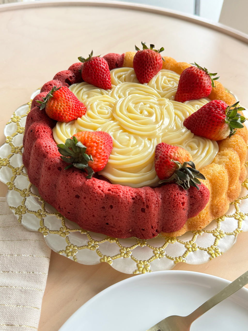 Two-Love Charlotte Cake: Red Velvet and Sweet Milk Layers