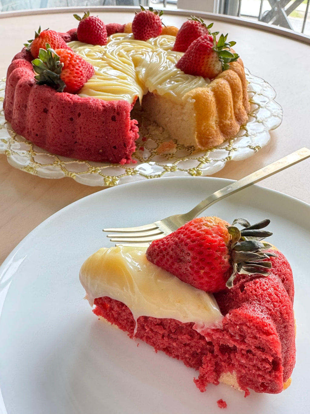 Two-Love Charlotte Cake: Red Velvet and Sweet Milk Layers